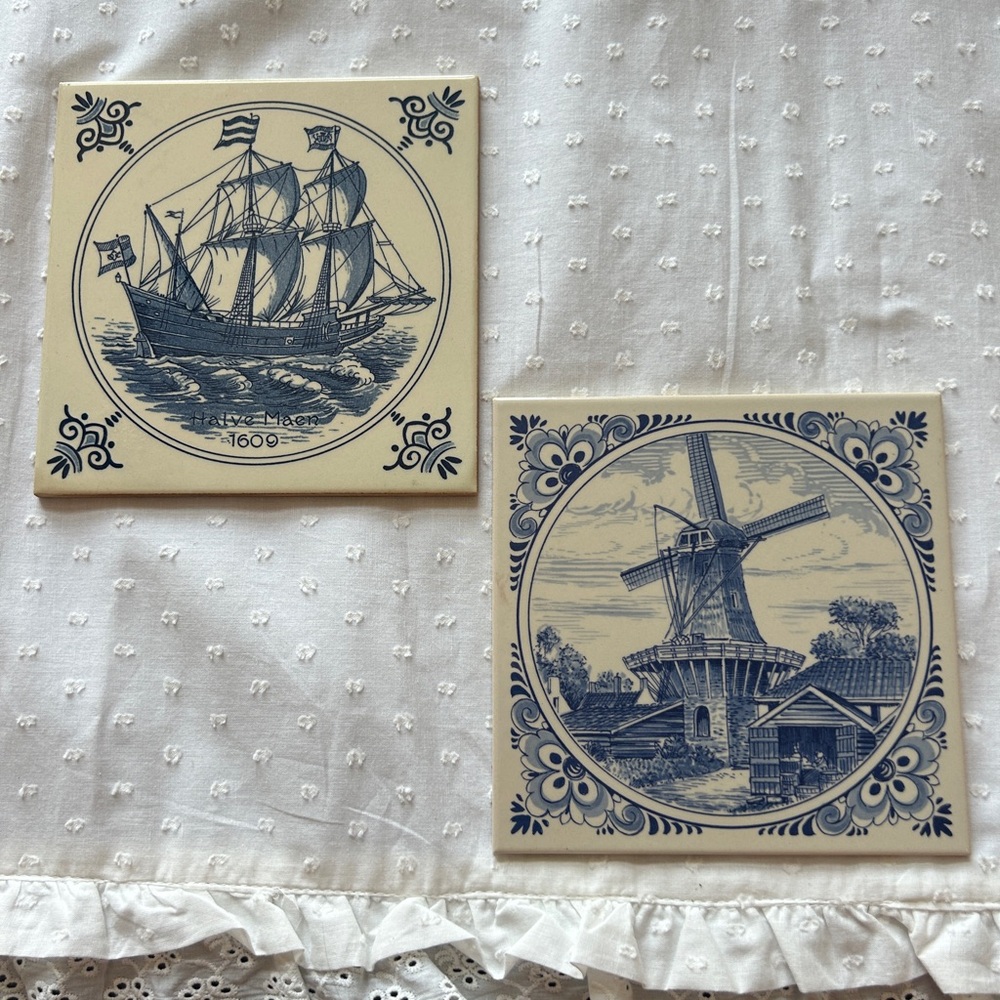 2 Vintage Delft Tile | Holland Windmill and Ship
